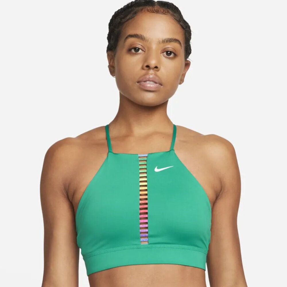 Nike Indy Rainbow Ladder Light-Support Padded High-Neck Sports Bra in Green, S